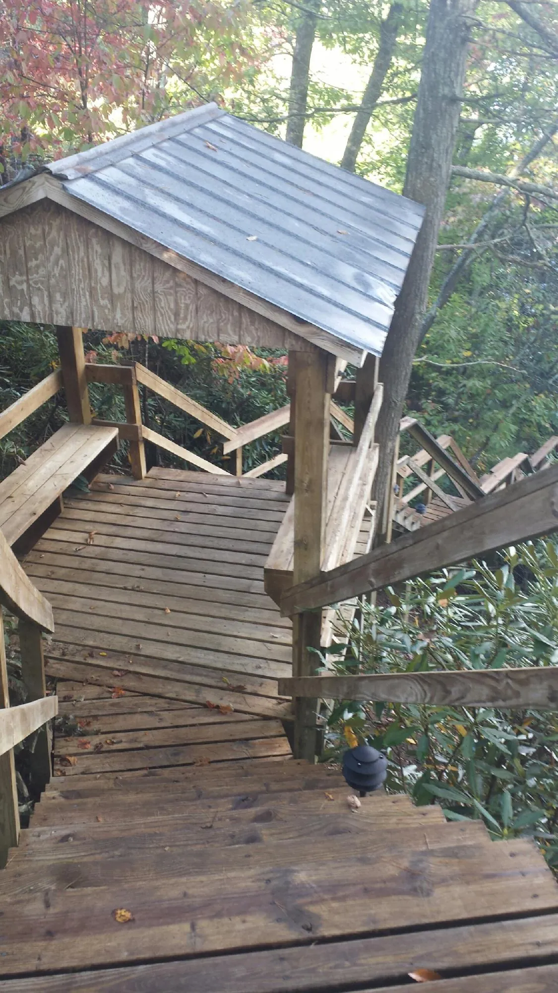 Metal roofed shelter over wooden steps on a wooded walkway — Skylight Repair & Installation work by our crew in Saint Michaels